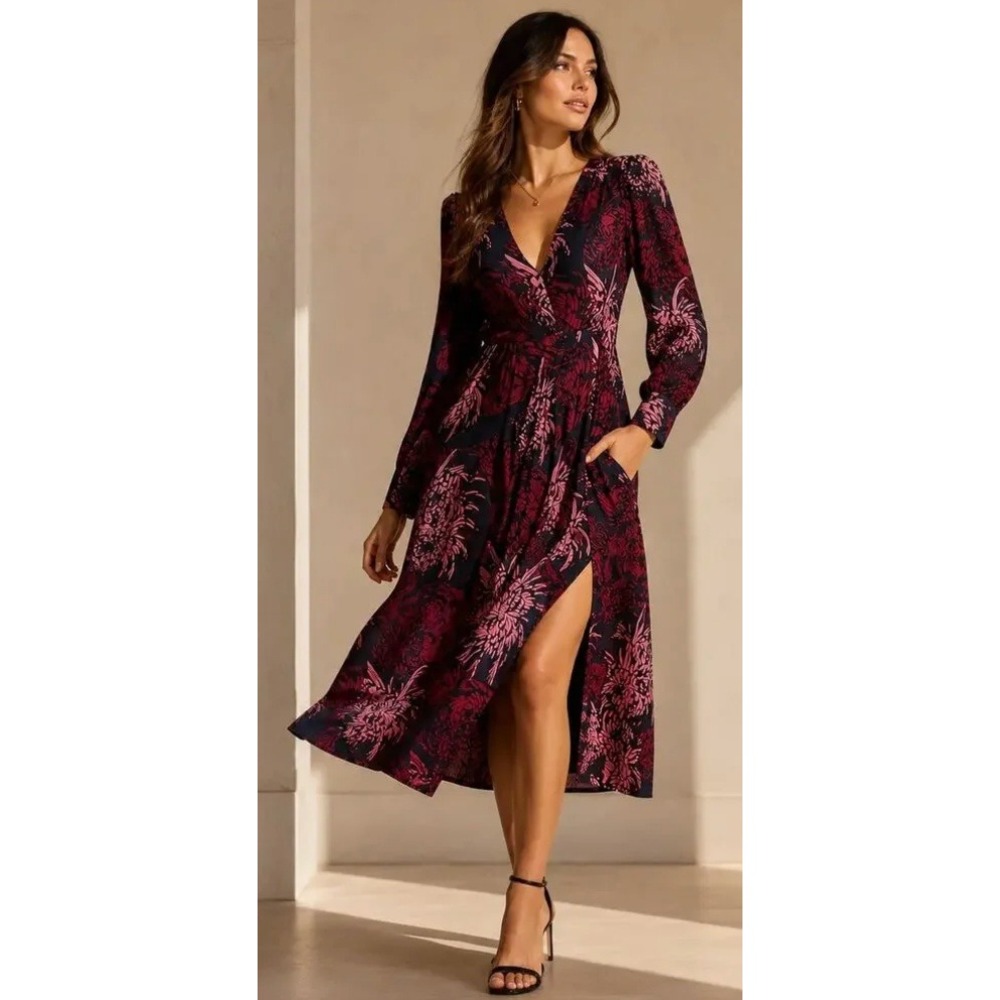 A.L.C. Bailey Silk Midi Dress Womens 2 Navy Burgundy Floral Surplice Side Slit